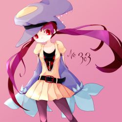 Rule 34 | 1girl, belt, creatures (company), dress, game freak, gen 3 pokemon, hat, long hair, mawile, nintendo, personification, pink hair, pokemon, red eyes, sleeves past wrists, twintails