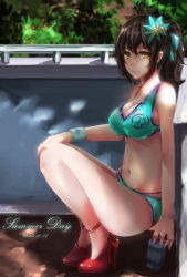 Rule 34 | 1girl, 2015, absurdres, bad id, bad pixiv id, breasts, brown hair, ctrlz77, cup, dappled sunlight, dated, day, drinking glass, flower, full body, hair flower, hair ornament, high heels, highres, looking at viewer, medium breasts, original, ponytail, red footwear, shoes, solo, sports bra, squatting, sunlight, swimsuit, thighs, yellow eyes