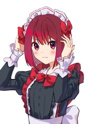 Rule 34 | 1girl, absurdres, adjusting clothes, adjusting headwear, arima kana, blush, bow, bowtie, closed mouth, dress, frilled dress, frilled sleeves, frills, highres, juliet sleeves, long sleeves, maid, maid headdress, oshi no ko, puffy sleeves, red bow, red bowtie, red eyes, red hair, short hair, simple background, solo, white background, xiang yu pai