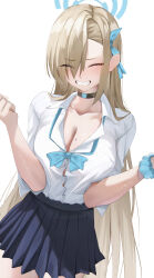 Rule 34 | 1girl, asuna (blue archive), blue archive, breasts, cleavage, closed eyes, katagirinanoka, large breasts, light brown hair, long hair, long sleeves, shirt, simple background, smile, solo, white shirt