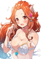 Rule 34 | 1girl, bangs pinned back, bare shoulders, bikini, breasts, cleavage, collarbone, earrings, fang, forehead, frilled bikini, frills, fuku kitsune (fuku fox), hair ornament, hand up, highres, holding, holding own hair, jewelry, large breasts, long hair, looking at viewer, open mouth, orange hair, pointy ears, red eyes, shironeko project, sidelocks, simple background, solo, swimsuit, upper body, wet, white background, white bikini
