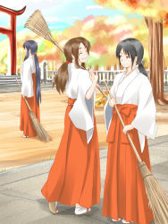 Rule 34 | 3girls, :&lt;, absurdres, autumn leaves, black hair, broom, brown eyes, closed mouth, commentary request, day, closed eyes, full body, grin, hakama, hakama skirt, head tilt, highres, holding, holding broom, japanese clothes, long hair, looking at another, looking at viewer, low ponytail, messy hair, miko, multiple girls, original, outdoors, profile, rake, red hakama, skirt, sleepy, smile, standing, suzuki-shi, sweatdrop, tabi, tears, torii, tree, very long hair, waving, white legwear, yawning