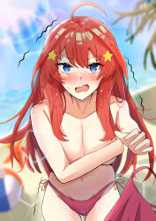Rule 34 | 1girl, absurdres, ahoge, ball, beach, beachball, bikini, bikini bottom only, blue eyes, blush, breasts, cleavage, collarbone, covering privates, covering breasts, go-toubun no hanayome, hair ornament, highres, large breasts, long hair, looking at viewer, nakano itsuki, navel, ocean, open mouth, red bikini, red hair, sand, side-tie bikini bottom, star (symbol), star hair ornament, stomach, swimsuit, tearing up, thigh gap, thighs, topless, trembling, water