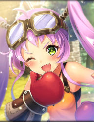 Rule 34 | armor, artist request, blush, boxing gloves, breasts, dragon genesis, fang, goggles, goggles on head, green eyes, house, official art, one eye closed, open mouth, phantom of the kill, purple hair, sleeveless, small breasts, solo, strapless, tube top, twintails
