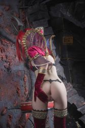 Rule 34 | 1girl, anus, ass, boots, bottomless, castanic, cosplay, from behind, gloves, highres, horns, pussy, labia piercing, multiple piercings, photo (medium), piercing, pussy, pussy piercing, red hair, solo, tera online, thigh gap, thighhighs, uncensored, vandych, velvet, velvet (cosplay), vulva piercing