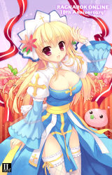 Rule 34 | 1girl, :d, anniversary, arch bishop (ragnarok online), blonde hair, blush, braid, breasts, cleavage, copyright name, cross, dress, flower, long hair, mitha, open mouth, outline, poring, ragnarok online, smile, solo, thighhighs, thighs