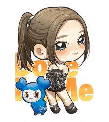 Rule 34 | 1girl, animification, black dress, black footwear, blue eyes, brown hair, chibi, choker, commentary, dress, elbow gloves, english commentary, from behind, gloves, hair behind ear, k-pop, leaning forward, long hair, looking at viewer, looking back, maionce21, pink lips, ponytail, real life, smile, solo, strapless, strapless dress, third-party source, twice (group), twitter username, tzuvely (twice), tzuyu (twice)