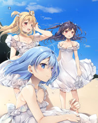 Rule 34 | 3girls, :d, bare shoulders, beach, black hair, blonde hair, blue bow, blue eyes, blue hair, blue sky, blush, bow, breasts, brown eyes, cleavage, closed mouth, cloud, collarbone, commentary, day, dress, frilled dress, frills, hair between eyes, hair bow, hand up, holding, holding clothes, holding footwear, long hair, medium breasts, multiple girls, natsume eri, off-shoulder dress, off shoulder, open mouth, original, outdoors, red eyes, sand, sandals, unworn sandals, sitting, sky, smile, symbol-only commentary, two side up, white dress