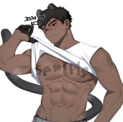 Rule 34 | 1boy, abs, animal ears, bara, bare pectorals, black eyes, black gloves, black hair, dark-skinned male, dark skin, earrings, fang, gloves, grey pants, jewelry, light blush, male focus, muscular, muscular male, nipples, original, pants, parted lips, pectorals, rio mukiniki, scar, scar on face, scar on nose, shirt, short hair, simple background, solo, sweat, tail, thick eyebrows, white background, white shirt