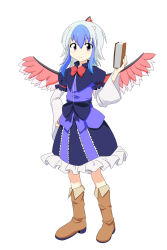 Rule 34 | bird wings, blue hair, book, boots, bow, bowtie, capelet, cato (monocatienus), frilled skirt, frills, full body, hand on own hip, head wing, head wings, highres, horns, large bow, long sleeves, looking at viewer, multicolored hair, purple eyes, sash, skirt, solo, tokiko (touhou), touhou, tunic, white background, white hair, wings