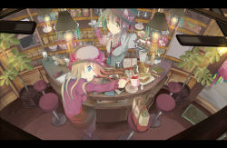 Rule 34 | 2girls, bad id, bad pixiv id, bag, bar (place), bar stool, barista, beads, blender (object), blonde hair, blouse, blue eyes, book, bow, brown eyes, brown hair, cup, dress shirt, female focus, flower, food, from above, hair bow, hair ribbon, hair tie, handbag, hat, hat ribbon, highres, holding, holding cup, japanese postal mark, jar, kettle, lantern, letterboxed, lights, lily (flower), long hair, long sleeves, loose necktie, maribel hearn, microwave, multiple girls, necktie, notepad, open mouth, photo (object), plant, plate, potted plant, ribbon, sandwich, saucer, shelf, shirt, short hair, short ponytail, sitting, smile, spoon, standing, stool, tea, teacup, teapot, tokoroten (hmmuk), touhou, unbuttoned, usami renko, vase, wallet, wing collar