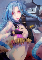 Rule 34 | absurdres, bikini, bikini top only, blue hair, braid, bullet, gloves, hairline, highres, jinx (league of legends), league of legends, long hair, mst1ng, pink eyes, swimsuit, tattoo, tongue, twin braids, twintails, weapon