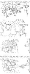 Rule 34 | 4koma, absurdres, armor, breast slap, breasts, cleavage, comic, dragon&#039;s crown, english text, fighter (dragon&#039;s crown), greyscale, hat, helmet, highres, huge breasts, knight, long hair, matsu-sensei, monochrome, punching, sorceress (dragon&#039;s crown), staff, witch hat