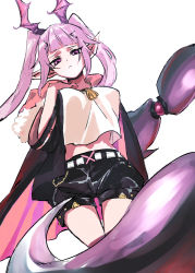 Rule 34 | 1girl, absurdres, arknights, black cape, black jacket, black shorts, cape, commentary, cowboy shot, hair ornament, hairclip, hand on own chest, head wings, highres, jacket, long hair, looking at viewer, manticore (arknights), midriff, na tarapisu153, parted lips, pink cape, pink eyes, pink hair, pointy ears, scorpion tail, shirt, shorts, sidelocks, simple background, solo, tail, twintails, two-sided cape, two-sided fabric, white background, white shirt, wings