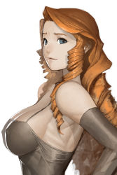 Rule 34 | 1girl, alien1452, bare shoulders, blue eyes, breasts, dress, drill hair, elbow gloves, covered erect nipples, gloves, highres, large breasts, long hair, looking back, orange hair, ringlets, sideboob, smile, solo
