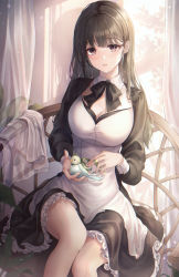 Rule 34 | 1girl, absurdres, animal, backlighting, bird, black bow, black bowtie, blush, bow, bowtie, branch, breasts, brown eyes, brown hair, chair, cleavage, cleavage cutout, clothing cutout, collarbone, curtains, day, green ribbon, hair over shoulder, highres, holding, holding animal, large breasts, leaf, light particles, long hair, looking at viewer, maid, original, parted lips, pippin (pippin sol), plant, ribbon, shadow, sitting, smile, solo, straight hair, sunlight, thighs, tree, window