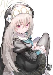 Rule 34 | 1girl, black footwear, black thighhighs, blue archive, blush, boots, closed mouth, coif, grey hair, habit, hair between eyes, halo, juliet sleeves, long hair, long sleeves, looking at viewer, nun, puffy sleeves, purple eyes, sakurako (blue archive), simple background, sitting, smile, solo, thighhighs, tomamatto, white background, yellow halo