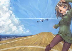 Rule 34 | 1girl, aircraft, airplane, black pantyhose, brown hair, cloud, day, flight deck, goggles, goggles on head, green shirt, headphones, open mouth, original, pantyhose, red eyes, ribbed sweater, shirt, sky, solo, suzuno (bookshelf), sweater