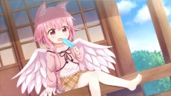 Rule 34 | 1girl, animal ear fluff, animal ears, araki495, barefoot, blush, brown skirt, character request, commentary request, day, emil chronicle online, fang, feathered wings, food, hair between eyes, highres, holding, holding food, long hair, long sleeves, open mouth, outdoors, pink hair, pink shirt, pink wings, plaid, plaid skirt, popsicle, red eyes, shirt, sidelocks, skirt, soles, solo, veranda, very long hair, white shirt, wings