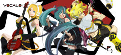 Rule 34 | 1boy, 2girls, brother and sister, guitar, hatsune miku, instrument, kagamine len, kagamine rin, multiple girls, siblings, smile, takuma (largetakumamover), thighhighs, twins, vocaloid