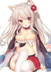 Rule 34 | 1girl, :o, animal ears, azur lane, bandaged arm, bandages, belt collar, black cape, blush, breasts, bridal gauntlets, cape, cat ears, cleavage, collar, collarbone, commentary request, fang, fingernails, floral background, floral print, flower, flying sweatdrops, hair between eyes, hair flower, hair ornament, head tilt, knee up, large breasts, long hair, looking at viewer, midriff, miniskirt, pleated skirt, print cape, red eyes, red flower, red skirt, sarashi, shibainu niki, sidelocks, silver hair, sitting, skirt, slit pupils, solo, spiked collar, spikes, stomach, stomach tattoo, straight hair, tassel, tattoo, thick eyebrows, thighhighs, white background, white flower, white thighhighs, yuudachi (azur lane), yuudachi (shogun of snowballs) (azur lane)