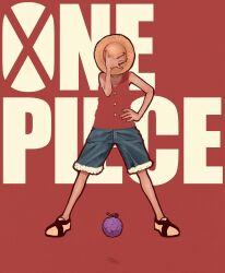 Rule 34 | 1boy, blue shorts, copyright name, full body, gum-gum fruit, hand on own hip, hat, highres, monkey d. luffy, one piece, one piece (live action), red shirt, shadow, shirt, shoes, shorts, signature, sleeveless, sleeveless shirt, solo, standing, straw hat, syooooyoooo
