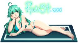 Rule 34 | 1girl, ahoge, aqua bikini, arm support, artist request, bare legs, barefoot, bikini, breasts, cleavage, feet, female focus, full body, green eyes, green hair, green nails, green theme, large breasts, legs, logo, long hair, looking at viewer, lying, nail polish, navel, on side, parted lips, rule34.xxx, rule 34-tan, simple background, smile, solo, swimsuit, thighs, toenail polish, toenails, toes, transparent background, watermark, web address