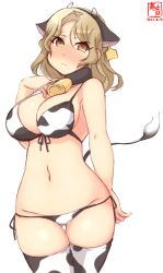 Rule 34 | 1girl, alternate costume, animal ears, animal print, artist logo, bell, bikini, blush, breasts, brown eyes, commentary request, cow ears, cow horns, cow print, cow tail, cowbell, cowboy shot, dated, ear tag, fake animal ears, fake horns, highres, horns, houston (kancolle), kanon (kurogane knights), kantai collection, large breasts, light brown hair, lowleg, lowleg bikini, medium hair, nose blush, side-tie bikini bottom, simple background, solo, swimsuit, tail, thighhighs, white background, white bikini, white thighhighs