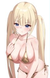 Rule 34 | 1girl, absurdres, alternate breast size, bare shoulders, bikini, blonde hair, blue eyes, blush, breasts, cleavage, collarbone, hair between eyes, highres, hololive, hololive english, large breasts, long hair, looking at viewer, mole, mole on breast, navel, panties, pout, side-tie panties, simple background, skaarl (artist), solo, swimsuit, twintails, underwear, very long hair, virtual youtuber, watson amelia, white background, yellow bikini