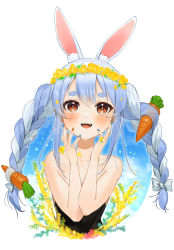 Rule 34 | 1girl, :d, animal ear fluff, animal ears, bad id, bad twitter id, bare shoulders, black leotard, blue hair, blue nails, blush, braid, carrot hair ornament, collarbone, commentary, flower, food-themed hair ornament, gotou (nekocat), hair ornament, hands on own cheeks, hands on own face, head wreath, highres, hololive, leotard, light blue hair, long hair, looking at viewer, multicolored hair, multicolored nails, nail polish, open mouth, orange eyes, orange nails, rabbit ears, simple background, smile, solo, streaked hair, symbol-only commentary, symbol-shaped pupils, thick eyebrows, twin braids, twintails, two-tone hair, upper body, usada pekora, virtual youtuber, white background, white hair