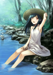 Rule 34 | 1girl, armpits, barefoot, chemise, dress, feet, flat chest, forest, hat, houru, nature, outdoors, river, sitting, soaking feet, solo, straw hat, water