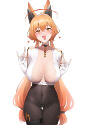 Rule 34 | 1girl, :d, blush, bodysuit, breasts, character request, collarbone, commission, copyright request, covered navel, cowboy shot, crossed bangs, hair between eyes, half-closed eyes, heart, highres, large breasts, long hair, looking at viewer, low-tied long hair, nail polish, open mouth, orange hair, red nails, simple background, skeb commission, slit pupils, smile, solo, suzuya (maru), thigh strap, very long hair, white background, yellow eyes