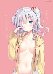 Rule 34 | 10s, 1girl, blue eyes, blush, breasts, circle name, cleavage, commentary request, hair ribbon, highres, hood, hoodie, kantai collection, kashima (kancolle), large breasts, looking at viewer, naked hoodie, navel, no bra, one eye closed, open clothes, open hoodie, open mouth, red background, ribbon, sidelocks, silver hair, simple background, solo, sousouman, tears, translation request, tsurime, twintails, upper body, wavy hair