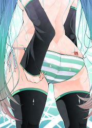 Rule 34 | 1girl, adjusting clothes, adjusting panties, ass, ass focus, ass tattoo, back, butt crack, close-up, detached sleeves, from behind, gradient hair, green hair, hatsune miku, highres, long hair, multicolored hair, panties, red-rum, shiny clothes, shiny skin, side-tie panties, skindentation, solo, striped clothes, striped panties, tattoo, thighhighs, underwear, very long hair, vocaloid