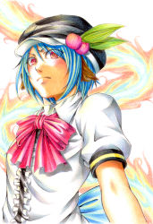 Rule 34 | 1girl, alternate hair length, alternate hairstyle, animal ears, annoyed, bad id, bad pixiv id, blue hair, bow, colored pencil (medium), female focus, food, fruit, hat, hinanawi tenshi, kemonomimi mode, looking at viewer, looking down, nora wanko, peach, puffy sleeves, short hair, short sleeves, solo, touhou, traditional media