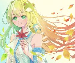 Rule 34 | 1girl, bare shoulders, blush, closed mouth, detached sleeves, frog hair ornament, ginkgo leaf, gradient hair, green eyes, green hair, hair ornament, hair tubes, highres, holding, holding leaf, japanese clothes, kochiya sanae, leaf, long hair, looking at viewer, maple leaf, multicolored hair, nauka, nontraditional miko, smile, snake hair ornament, solo, touhou, upper body, white sleeves, wide sleeves