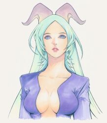 Rule 34 | 1girl, andy seto, blue eyes, breasts, character request, chinese commentary, cleavage, collarbone, commentary, cropped torso, cyber weapon z, english commentary, green hair, highres, horns, jacket, long hair, marker (medium), medium breasts, mixed-language commentary, parted lips, pink lips, plunging neckline, purple jacket, solo, traditional media, upper body