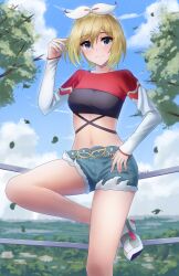 Rule 34 | 1girl, blonde hair, blue eyes, bow hairband, breasts, closed mouth, cloud, commentary, creatures (company), cropped shirt, day, doiparuni, falling leaves, game freak, grey eyes, hairband, hand on own hip, hand up, highres, irida (pokemon), irida (special costume) (pokemon), leaf, leg up, long sleeves, looking at viewer, looking down, medium hair, midriff, navel, nintendo, official alternate costume, outdoors, pokemon, pokemon masters ex, shirt, short hair, shorts, sky, sleeves past wrists, smile, solo, white hairband