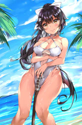 Rule 34 | 1girl, azur lane, black hair, blue sky, breasts, brown eyes, casual one-piece swimsuit, cloud, cowboy shot, day, hair flaps, hair ribbon, highleg, highleg swimsuit, highres, horizon, large breasts, long hair, looking at viewer, one-piece swimsuit, ponytail, ribbon, sky, solo, standing, swimsuit, sword, takao (azur lane), takao (beach rhapsody) (azur lane), tem10, very long hair, weapon, white one-piece swimsuit