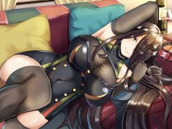 Rule 34 | 1girl, armpits, azur lane, black dress, black hair, breasts, closed mouth, come hither, couch, covered navel, cup, cushion, dress, drinking glass, elbow gloves, eyes visible through hair, friedrich der grosse (azur lane), gloves, highres, horns, huge breasts, indoors, long hair, looking at viewer, lying, on couch, on side, sidelocks, smile, solo, valfer, very long hair, wine glass, yellow eyes