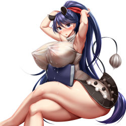 Rule 34 | 1girl, alternate hairstyle, animal ears, armpits, arms up, bad anatomy, bad arm, blush, book, breasts, crossed legs, doremy sweet, dress, feet out of frame, highres, huge breasts, kawahagi-tei, lactation, long hair, looking at viewer, no headwear, open mouth, pom pom (clothes), ponytail, purple eyes, purple hair, see-through, simple background, solo, tail, tapir ears, tapir tail, thighs, touhou, very long hair, white background, white dress