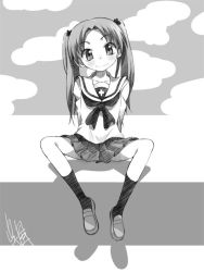 Rule 34 | 1girl, arm support, arms behind back, artist name, blouse, bow, closed mouth, commentary, girls und panzer, gofu, graphite (medium), greyscale, hair bow, head tilt, kadotani anzu, loafers, long hair, long sleeves, looking at viewer, miniskirt, monochrome, neckerchief, ooarai school uniform, parted bangs, pleated skirt, school uniform, serafuku, shadow, shirt, shoes, signature, sitting, skirt, smile, socks, solo, spread legs, traditional media, twintails
