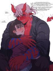 Rule 34 | 1boy, 1girl, :o, black kimono, blue eyes, blush, brown hair, collarbone, colored skin, demon boy, earrings, english text, floral print, grey hair, hetero, highres, horns, hug, japanese clothes, jewelry, kimono, long hair, muscular, muscular male, oni, open mouth, original, pointy ears, red oni, red skin, rins titties, sharp teeth, short hair, skin-covered horns, speech bubble, striped clothes, striped kimono, sweat, teeth, tongue, tusks, white background