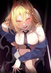 Rule 34 | 1girl, black necktie, blonde hair, blue jacket, blush, breasts, chainsaw man, cigarette, collared shirt, commentary request, crossed legs, dress shirt, eyelashes, from above, hair between eyes, highres, holding, holding cigarette, horns, indoors, jacket, long bangs, long hair, long sleeves, looking at viewer, looking up, medium breasts, necktie, off shoulder, open clothes, open jacket, open mouth, power (chainsaw man), raised eyebrows, red horns, ringed eyes, sharp teeth, shirt, sidelocks, sitting, smoke, solo, teeth, toilet, tongue, white shirt, wing collar, yellow eyes, yetti