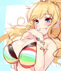 Rule 34 | 1girl, absurdres, bare shoulders, bead bracelet, beads, bikini, blonde hair, blue eyes, blush, bracelet, breasts, cleavage, commentary, earrings, eyelashes, flower, flower earrings, grin, hair flower, hair ornament, highres, idolmaster, idolmaster cinderella girls, interlocked fingers, jewelry, kiyu rei, large breasts, lens flare, long hair, looking at viewer, o-ring, ohtsuki yui, own hands clasped, own hands together, ponytail, scrunchie, sidelocks, sketch, smile, solo, sparkle, striped bikini, striped clothes, swimsuit, wavy hair