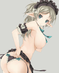 Rule 34 | 1girl, :o, adjusting clothes, adjusting panties, armband, arutoria, ass, bad id, bad pixiv id, blush, bow, breasts, elf, frills, green eyes, grey hair, headdress, large breasts, long hair, looking back, open mouth, original, panties, pointy ears, simple background, solo, thong, topless, underwear