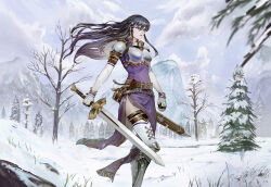 Rule 34 | 1girl, armor, armored boots, ayra (fire emblem), bare tree, belt, belt pouch, black hair, boobplate, boots, bracelet, breastplate, breasts, brown belt, closed mouth, cloud, cloudy sky, commentary, commission, day, dress, earrings, elbow gloves, english commentary, feet out of frame, fire emblem, fire emblem: genealogy of the holy war, gloves, gold trim, grass, grey footwear, hair between eyes, highres, holding, holding sword, holding weapon, jewelry, lips, long hair, looking afar, medium breasts, mountainous horizon, nintendo, outdoors, pauldrons, pine tree, pouch, purple dress, purple eyes, sheath, shoulder armor, side slit, sky, snow, solo, sword, thighhighs, tim kong, tree, weapon, white gloves, white thighhighs