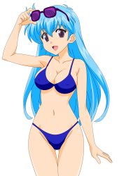 Rule 34 | 1990s (style), 1girl, absurdres, aqua hair, ass, bikini, black background, blue bikini, breasts, female focus, flight attendant, hand up, highres, hip focus, legs, long hair, looking to the side, open mouth, purple eyes, retro artstyle, simple background, smile, solo, sunglasses, swimsuit, tenjouin katsura, thighs, third-party edit, travel attendant, vector trace, yat anshin uchuu ryokou