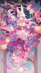 Rule 34 | 1girl, absurdres, animal ears, bare shoulders, detached sleeves, dress, english text, floating, flower, full body, highres, holding, japanese clothes, kimono, kimono skirt, knee up, lamp, long hair, looking at viewer, maccha (mochancc), open mouth, original, pink dress, pink flower, pink footwear, pink nails, pink theme, rabbit, rabbit ears, red eyes, shoes, sidelocks, sitting, smile, solo, stuffed animal, stuffed toy, teeth, twintails, virtual youtuber, white hair