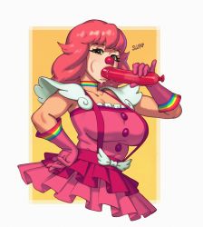 Rule 34 | 1girl, absurdres, ace attorney, balloon, blush, breasts, choker, cleavage, clown, clown girl, clown nose, dress, fellatio, frills, geiru toneido, gloves, highres, holding, large breasts, looking at viewer, makeup, medium hair, multicolored clothes, open mouth, oral, phallic symbol, phoenix wright: ace attorney - spirit of justice, pink dress, pink gloves, pink hair, rainbow, riz, saliva, sexually suggestive, simulated fellatio, sleeveless, smile, solo, suspenders